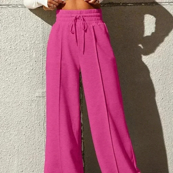 Hot Pink Women's Drawstring Waist Loose Wide Leg Palazzo Pants - Picture 2 of 5